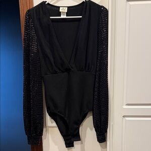 Elegant Black V-Neck Bodysuit with Sheer Sleeves